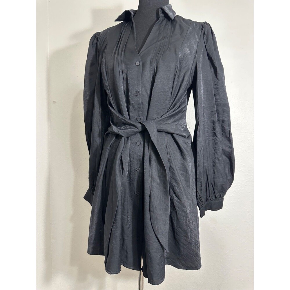 Lulus Black Long Balloon Sleeve Button Front Fit Flare Mini Dress Size L 31028V